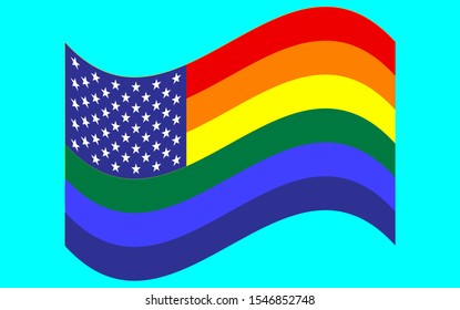 Wave USA flag with rainbow stripes. LGBT vector