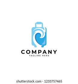 Wave vacation logo, abstract swirl wave and travel bag vector icon