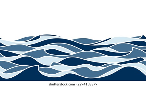 Wave vector background. Sea water abstract seamless pattern. Blue deep ocean banner with white lines between waves in simple minimal flat style.
