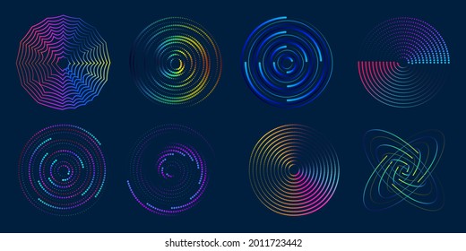 Wave vector circular element with abstract colorful line sets on dark background use for banner, poster, website. Curve flow motion illustration.