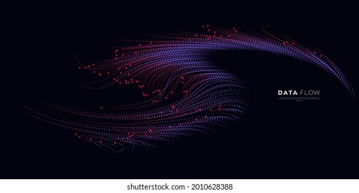 Wave vector element with abstract colorful dots line on dark background. Futuristic data stream illustration use for quantum technology, digital, science, music, communication.