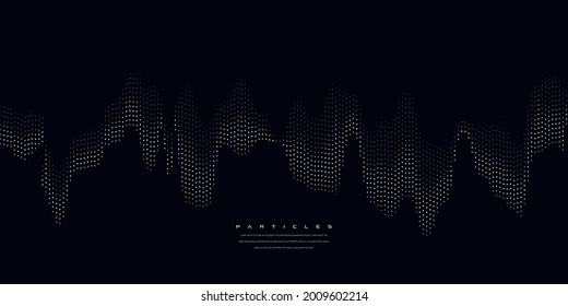 Wave vector element with abstract dots line on dark background. Futuristic data stream illustration use for quantum technology, digital, science, music, communication.