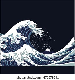 wave vector illustration Japanese motif. japan background. hand drawn illustration of japan. sea waves on a dark background. Ocean waves in Asian style at night.