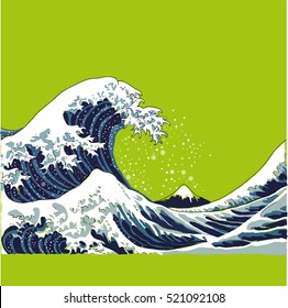 wave vector illustration Japanese motif. japan background. hand drawn illustration of japan. waves on a green background