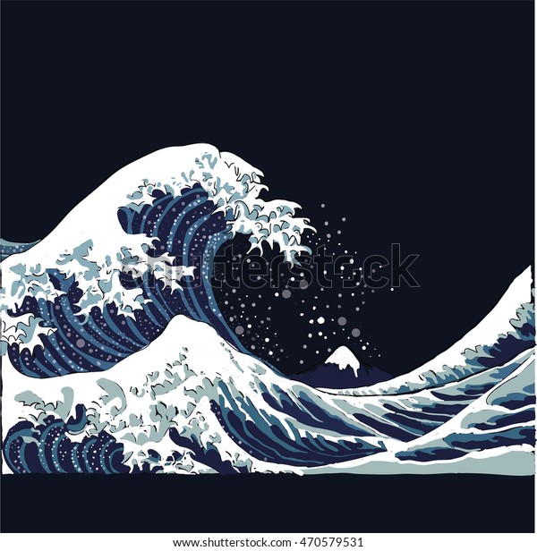 wave vector illustration\
Japanese motif. japan background. hand drawn illustration of japan.\
sea waves on a dark background. Ocean waves in Asian style at\
night.
