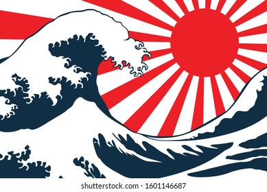 wave vector illustration Japanese and Red Sun Shine. japan background. hand drawn illustration of japan
