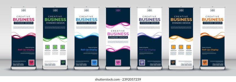 Wave vertikale Business Roll-Up Banner Design Set für Signatur-Werbevorlage Standard X Banner für Street Business in Rot, Grün, Blau, Gelb, Orange, Lila, Orange 