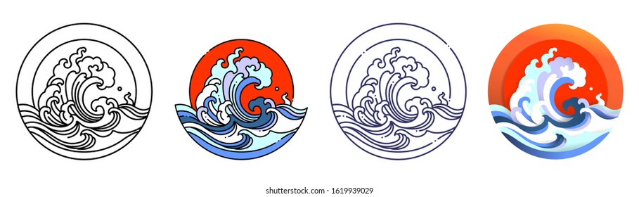 Wave water art vector illustration. Outline, flat, outline color and paper cut design.
