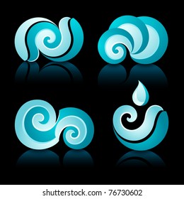 Wave and water icons with reflection on black background. 10EPS