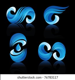Wave and water icons with reflection on black background vector