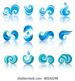 Wave and water icons with reflection. Vector