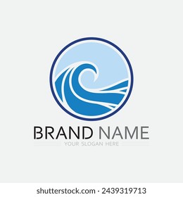 Onda y agua Logotipo de forma redonda aislada Logotipo de color azul Imagen fluida del agua. Mar, océano, superficie del río
