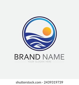 wave and water Isolated round shape logo Blue color logotype Flowing water image. Sea, ocean, river surface