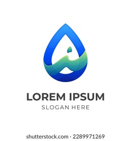 wave water logo concept, wave and water combination logo with 3d green and blue color style