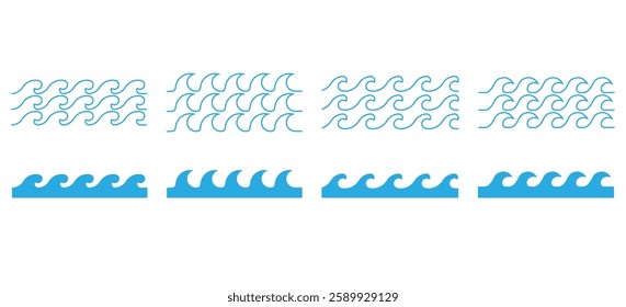Wave, Water, Zigzag and sea symbol icon set.water waves vector illustration,  line blue water waves icons, Marine flowing waves icon