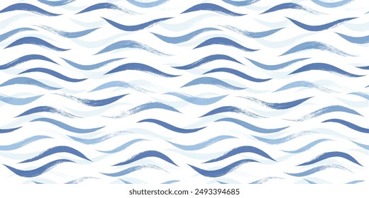 Wave watercolor seamless vector pattern. Hand drawn water sea background. Wavy ocean print, curly grunge paint lines