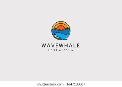 the wave and whale logo. illustration of a whale swimming in the waves. vector line icon template