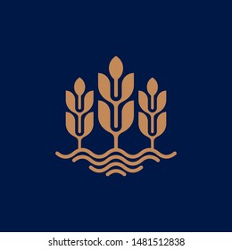 Wave wheat logo isolated on dark blue background can be used as symbols, brand identity, company logo, icons, or others. Color and text can be changed according to your need.