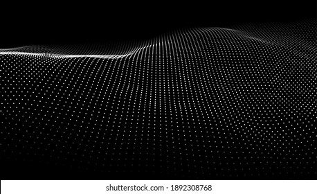 Wave of white particles. Abstract technology flow background. Sound mesh pattern or grid landscape. Digital data structure consist dot elements. Future vector illustration.