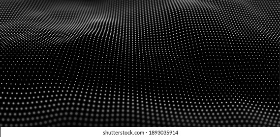 Wave of white particles. Abstract technology flow background. Sound mesh pattern or grid landscape. Digital data structure consist dot elements. Future vector illustration.