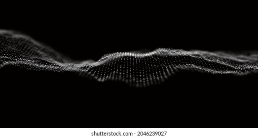 Wave of white particles. Abstract technology flow background. Sound mesh pattern or grid landscape. Digital data structure consist dot elements. Future vector illustration.