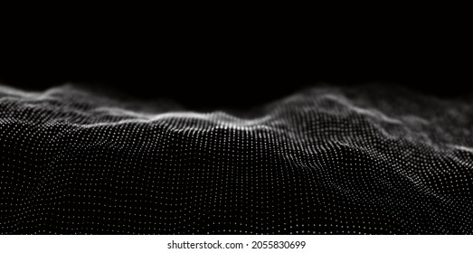 Wave of white particles. Abstract technology flow background. Sound mesh pattern or grid landscape. Digital data structure consist dot elements. Future vector illustration.