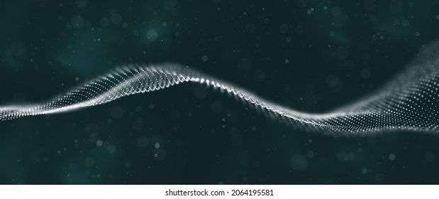 Ola de partículas blancas. Resumen del fondo de flujo de tecnología. Patrón de malla sonora o paisaje de rejilla. La estructura de datos digitales consiste en elementos de punto. Ilustración vectorial futura.