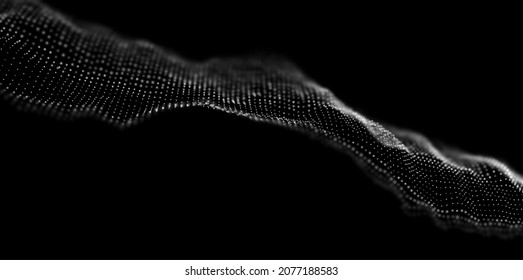 Wave of white particles. Abstract technology flow background. Sound mesh pattern or grid landscape. Digital data structure consist dot elements. Future vector illustration.