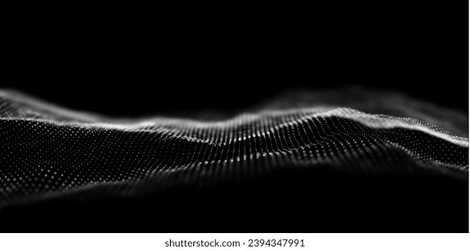 Wave of white particles. Abstract technology flow background. Sound mesh pattern or grid landscape. Digital data structure consist dot elements. Future vector illustration.
