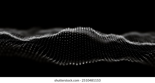 Wave of white particles. Abstract technology flow background. Sound mesh pattern or grid landscape. Digital data structure consist dot elements. Future vector illustration.