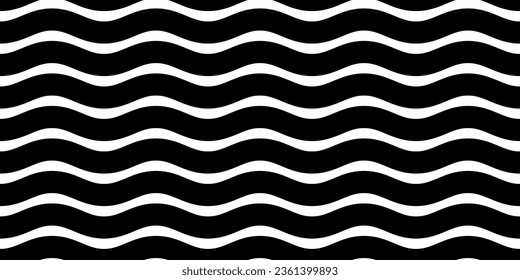 Wave wide line seamless pattern. Wavy thick stripes pattern. Black horizontal water curve lines texture. Simple monochrome black and white background. Editable stroke. Vector illustration.