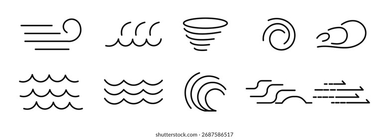  colección de iconos de líneas de olas y vientos. conjunto de iconos de viento. agua, aire, Clima, naturaleza, mar, océano, tormenta, tornado, espiral, rizo, flujo