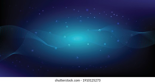 Wave wireframe connecting with floating data box node abstract blue future technology digital hi tech scenery.Vector illustrations. 