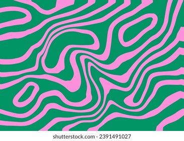 Wave y2k background for retro duotone design. Liquid groovy marble pink and green background. Vintage 70s pattern in modern style. Psychedelic retro wave wallpaper