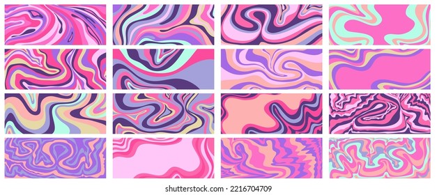 Wave y2k background set for retro design. Liquid groovy marble pink background. Purple y2k pattern in modern style pink. Psychedelic retro wave wallpaper.