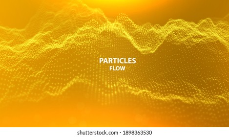 Wave of yellow particles. Abstract technology flow background. Sound mesh pattern or grid landscape. Digital data structure consist dot elements. Future vector illustration.