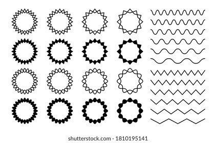 Zick-Zackenspalter weben. Unduldige zackige Rundrahmen. Einzeln horizontale, quadratische Linien, schwarz gebogene Ränder, Vektorset