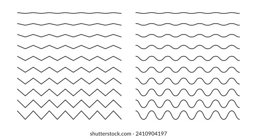 Wave and zigzag horizontal lines. Simple curvy and jagged decorative borders isolated on white background. Water, sea, ocean, river, air, wind signs. Corrugated outline textures. Vector illustration