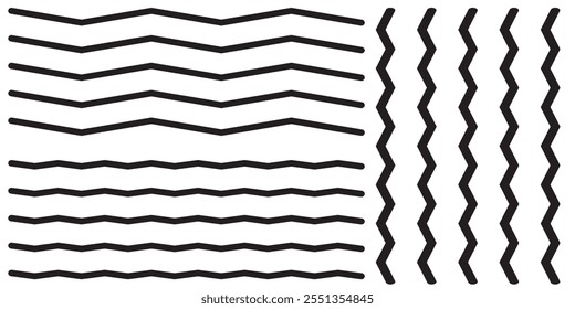 Linha de zigue-zague de onda simples fino a grosso elemento decoração vetor ou única curva de ondulação zigue-zague separador ondulado