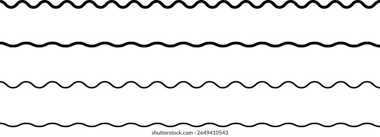 Wave zigzag line simple thin to thick element design vector or single ripple curve zig zag wiggly separator pictogram graphic for seal water or ocean symbol, wavy pattern clipart stroke black.