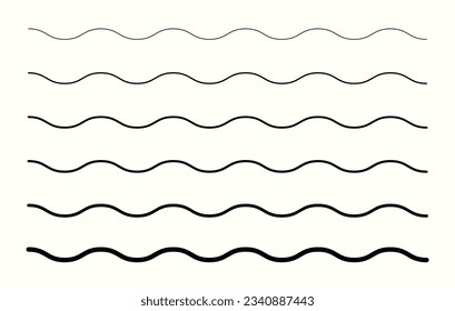 Wave zigzag line from thin to thick. Ripple, Curve or Wiggly Separator. Perfect for border design, beach waves and other design element.