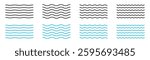 Wave zigzag lines. Wavy curve zig zag line. Sea wave icon set. Water logo, line ocean symbol. Wavy blue horizontal underline. Wave line set. Vector Illustration.
