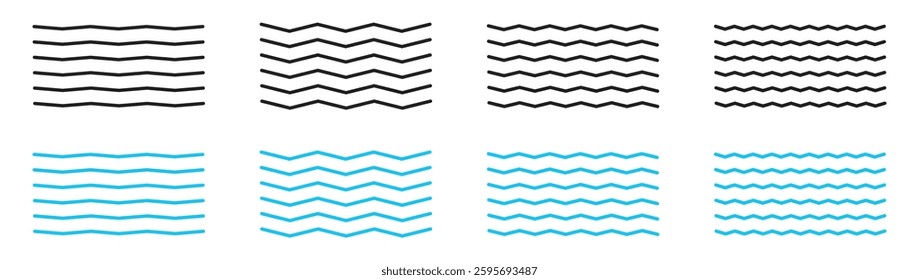 Wave zigzag lines. Wavy curve zig zag line. Sea wave icon set. Water logo, line ocean symbol. Wavy blue horizontal underline. Wave line set. Vector Illustration.