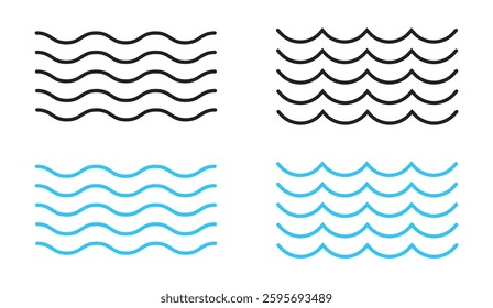 Wave zigzag lines. Wavy curve zig zag line. Sea wave icon set. Water logo, line ocean symbol. Wavy blue horizontal underline. Wave line set. Vector Illustration.