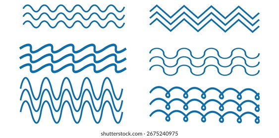 Wave zigzag lines. Wavy curve zig zag line. Sea wave icon set. Collection of Twelve Blue Wave Icons on a White Background Representing Ocean Water. Black Water Splash, Drop, and Wave Silhouettes. 