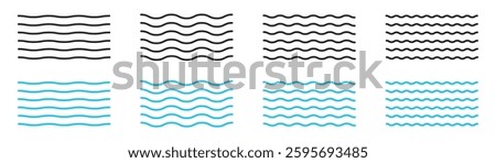 Wave zigzag lines. Wavy curve zig zag line. Sea wave icon set. Water logo, line ocean symbol. Wavy blue horizontal underline. Wave line set. Vector Illustration.