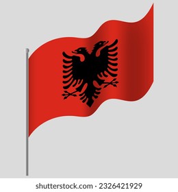 Waved Albania flag. Albania flag on flagpole. Vector emblem of Albania