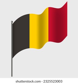Waved Belgium flag. Belgian flag on flagpole. Vector emblem of Belgium 