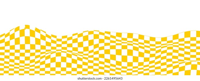 Waved checkered background. Warped texture with orange and white squared pattern. Undulate chess board, textile plaid, tile floor surface. Optical illusion. Vector flat illustration