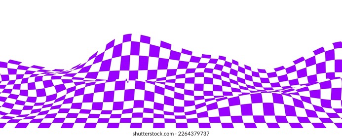Waved checkered pattern background. Warped texture with purple and white squares. Undulate chessboard, checkerboard, flag, textile plaid, tile floor surface. Vector flat illustration